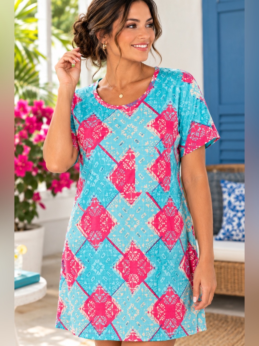 LuLaRoe Teal & Pink Geometric Midi Dress